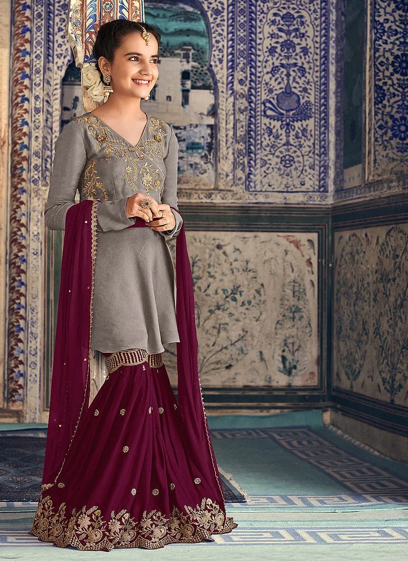 Grey And Maroon Embellished Gharara Suit