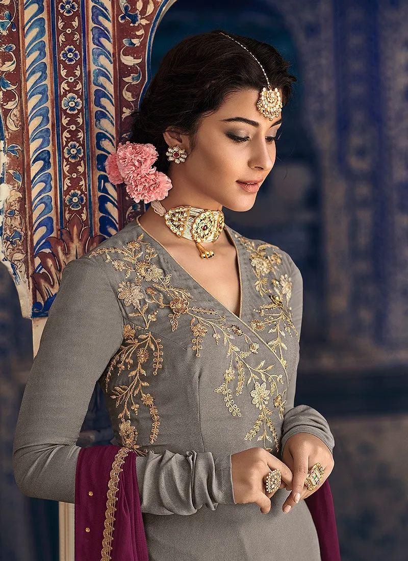 Grey And Maroon Embellished Gharara Suit