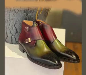 Handmade Burgundy Light Green Leather Buckle Boot, Men's Double Monk Strap Brogue Boots