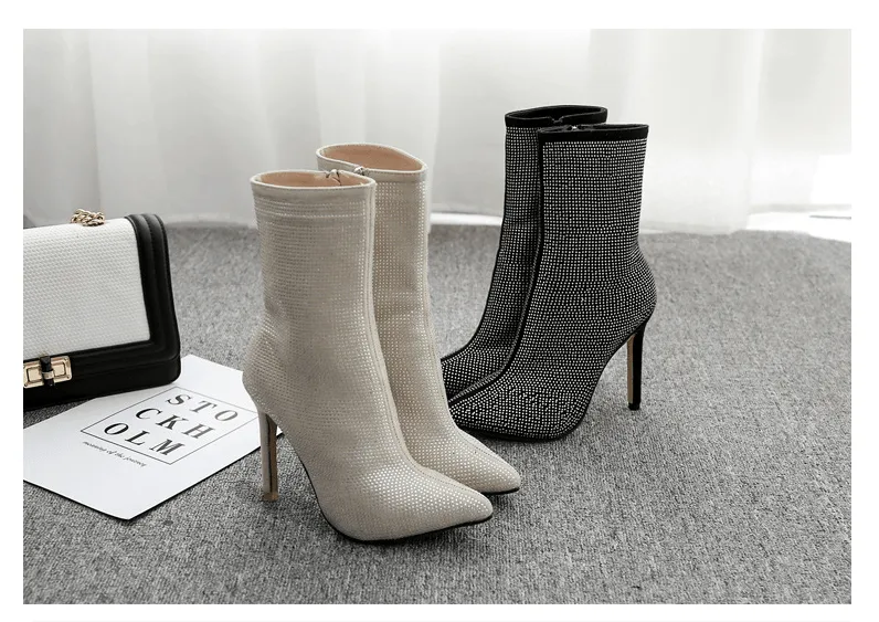 High Heel Rhinestone Ankle Boots