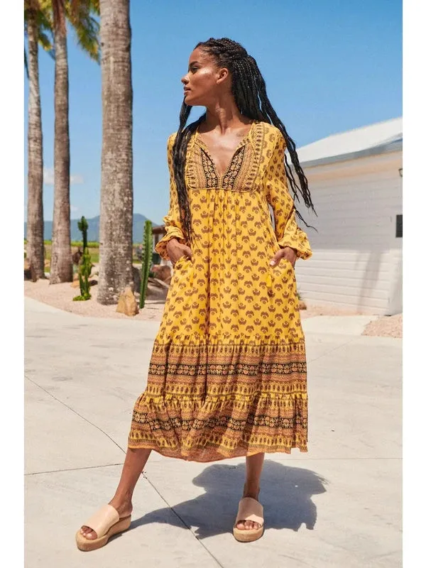 JAASE Sun Beam Print Liliana Midi Dress - Mustard Yellow