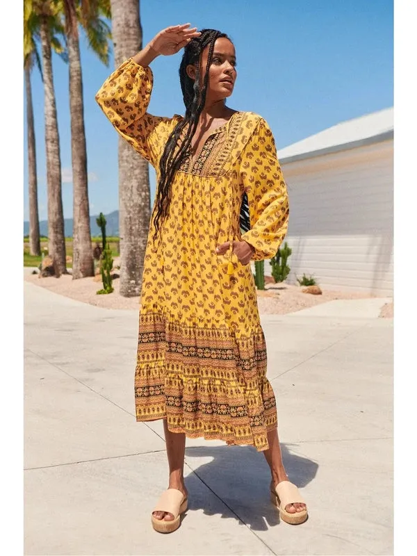 JAASE Sun Beam Print Liliana Midi Dress - Mustard Yellow