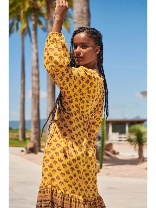 JAASE Sun Beam Print Liliana Midi Dress - Mustard Yellow