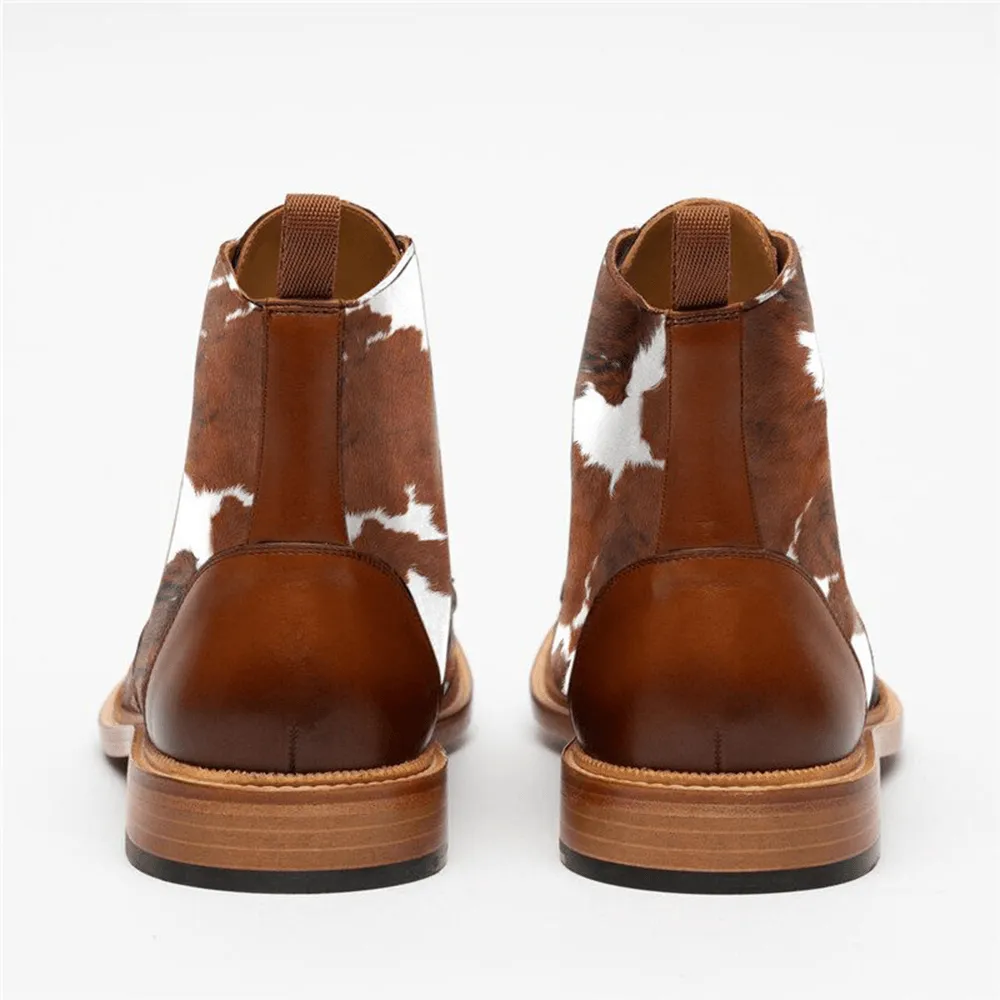 kkboxly kkboxly Men Cow Spot Printed Cap Toe Comfy Ankle Jack Boots