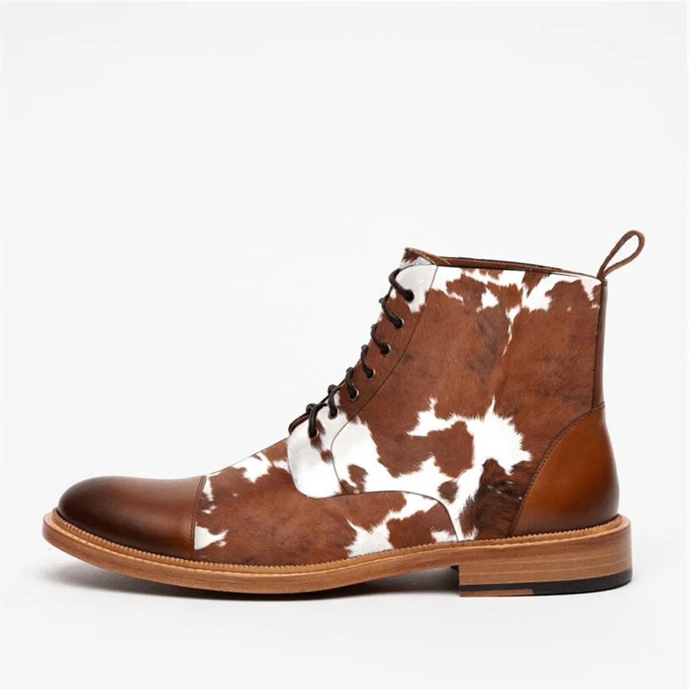 kkboxly kkboxly Men Cow Spot Printed Cap Toe Comfy Ankle Jack Boots