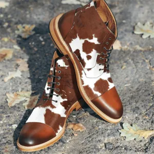 kkboxly kkboxly Men Cow Spot Printed Cap Toe Comfy Ankle Jack Boots