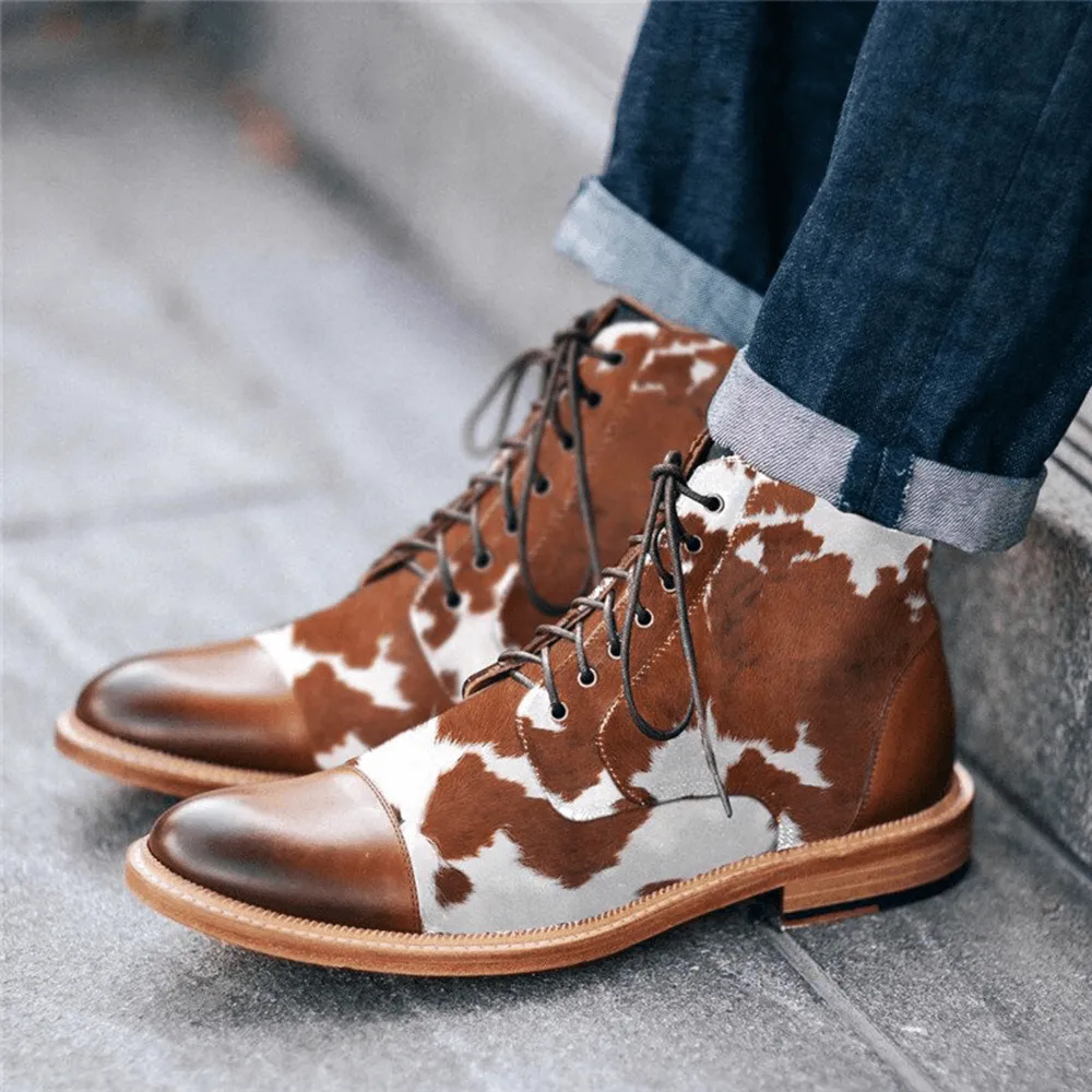 kkboxly kkboxly Men Cow Spot Printed Cap Toe Comfy Ankle Jack Boots