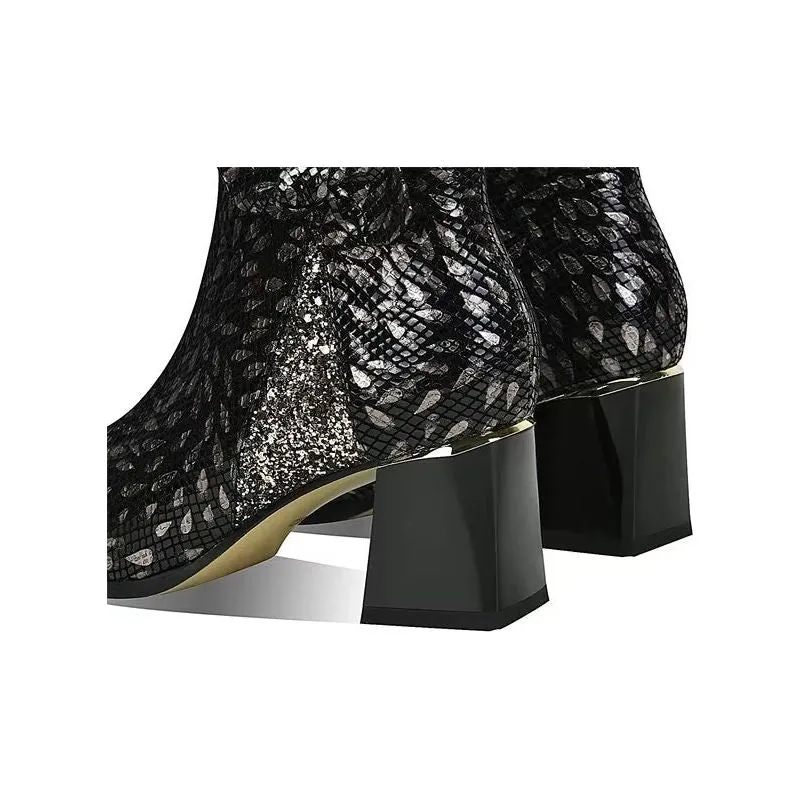 LeatherLux Exotic Texture Square Heel Ankle Boots