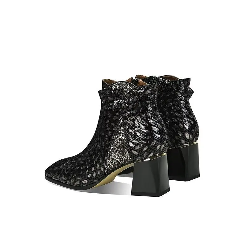 LeatherLux Exotic Texture Square Heel Ankle Boots