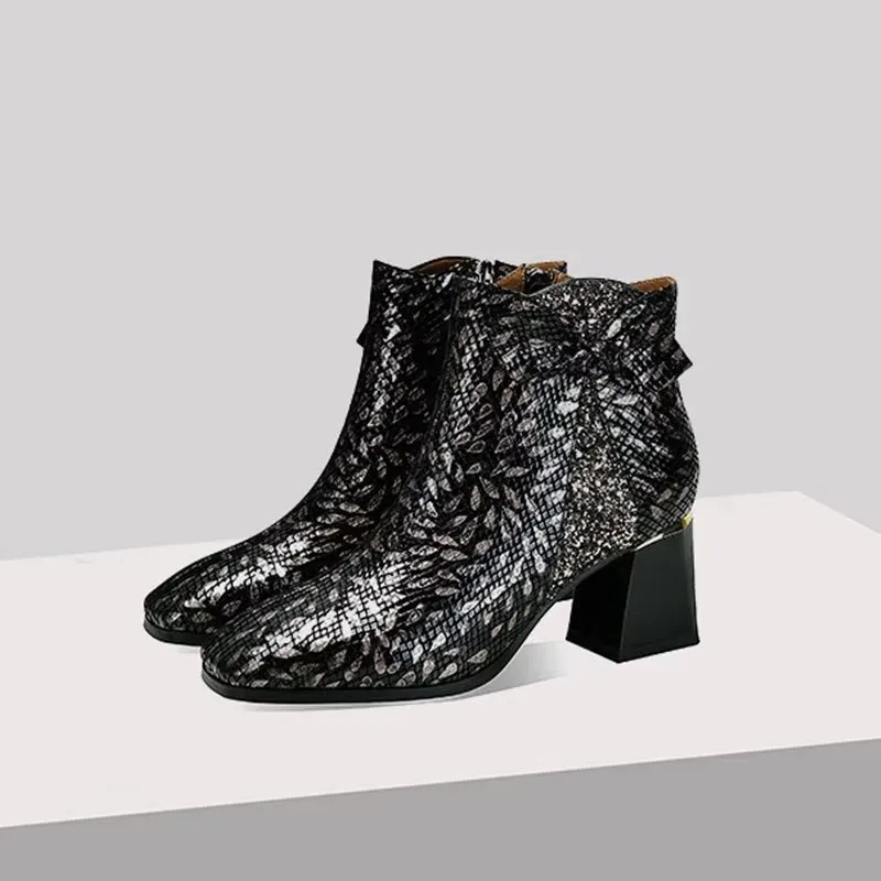 LeatherLux Exotic Texture Square Heel Ankle Boots