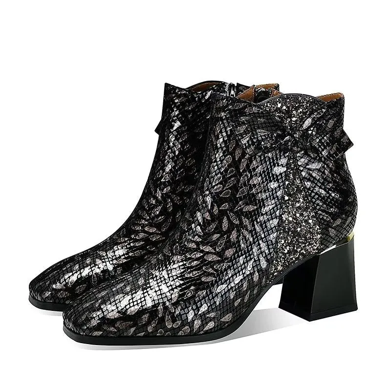 LeatherLux Exotic Texture Square Heel Ankle Boots