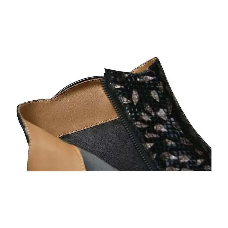 LeatherLux Exotic Texture Square Heel Ankle Boots