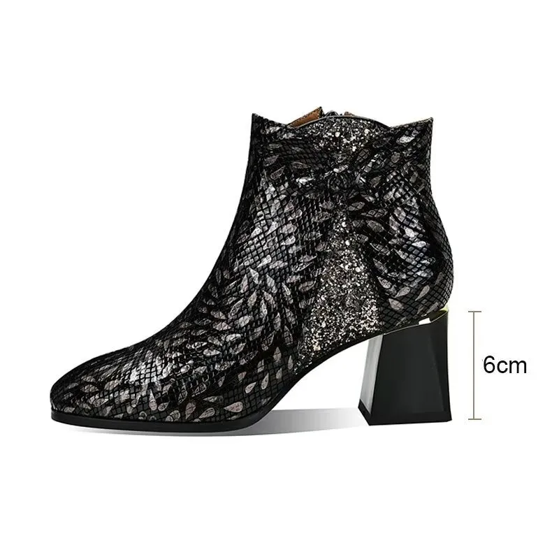 LeatherLux Exotic Texture Square Heel Ankle Boots