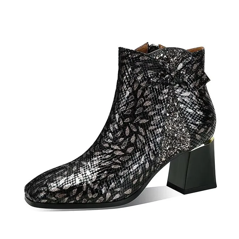 LeatherLux Exotic Texture Square Heel Ankle Boots