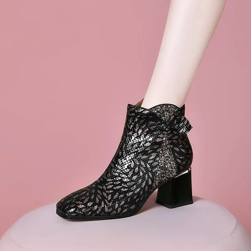 LeatherLux Exotic Texture Square Heel Ankle Boots