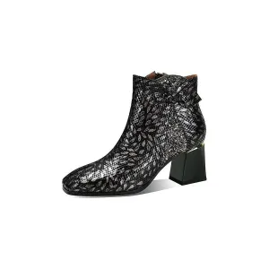 LeatherLux Exotic Texture Square Heel Ankle Boots