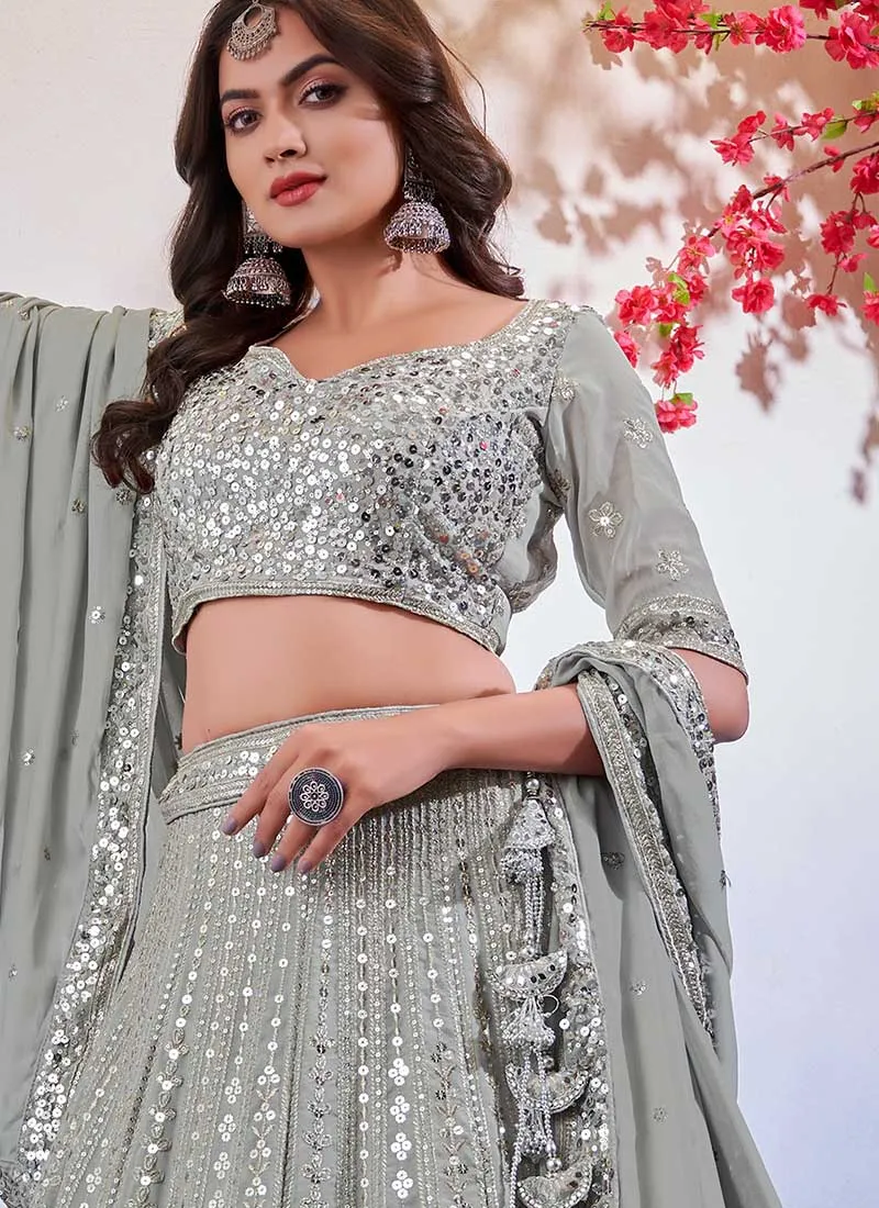 Light Grey Sequence Embroidery Wedding Lehenga Choli