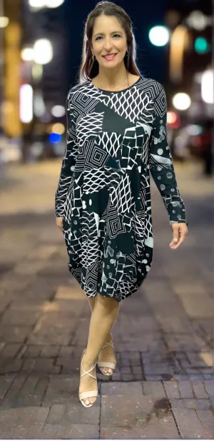 Long Sleeve Dress Multi Print - Black & White