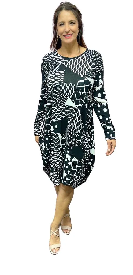 Long Sleeve Dress Multi Print - Black & White