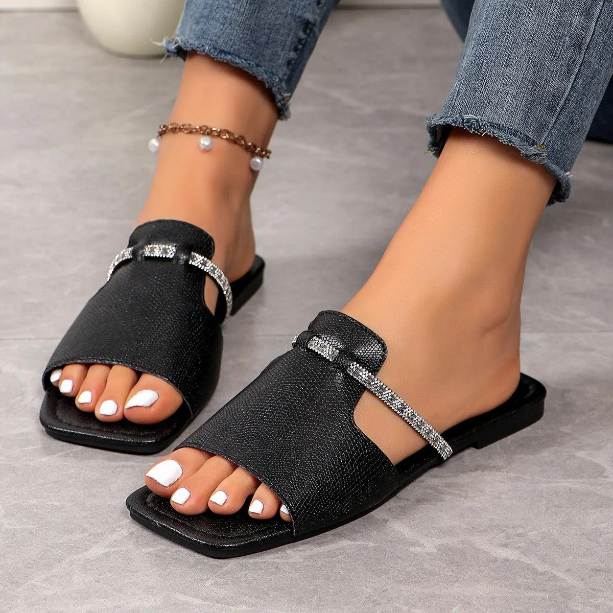 Low Heel Rhinestone Strap Sandals