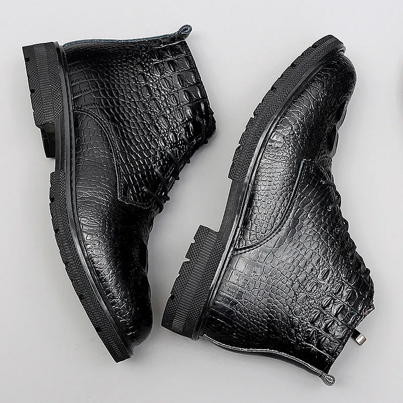 Luxury CrocLeather Lace-up Plush Fur Work Boots