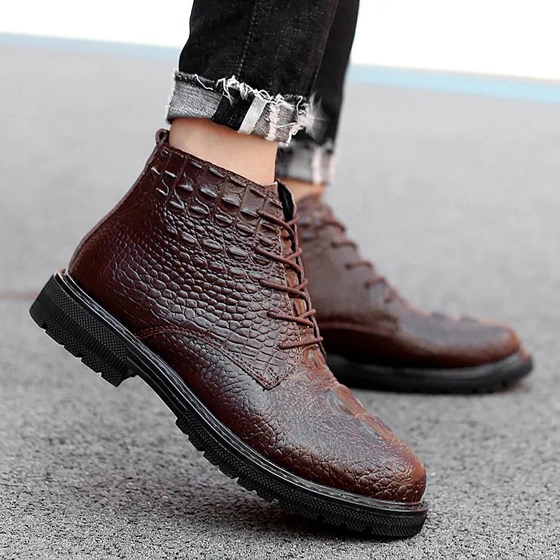 Luxury CrocLeather Lace-up Plush Fur Work Boots