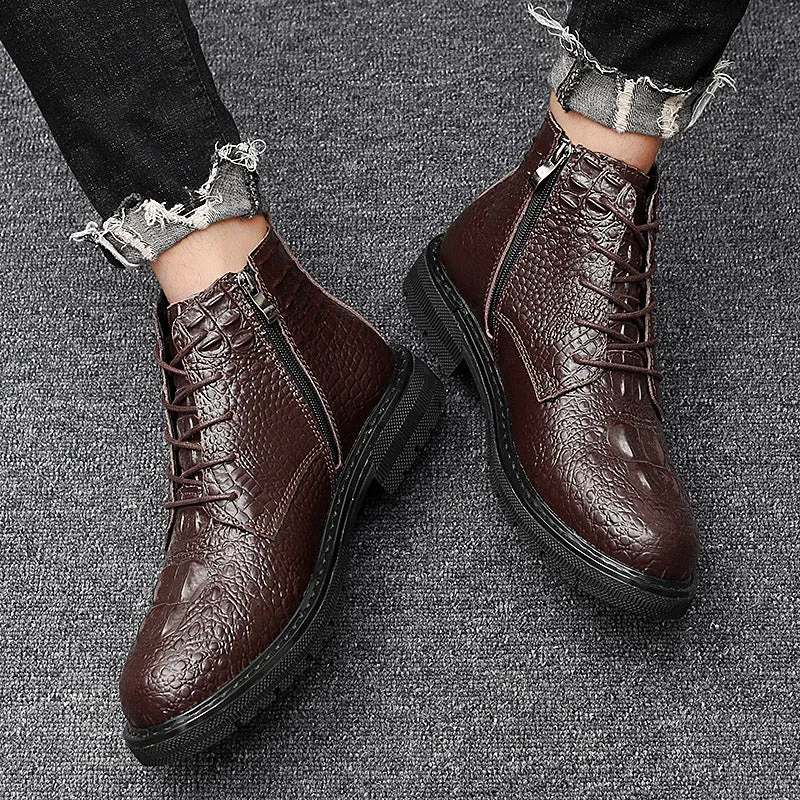 Luxury CrocLeather Lace-up Plush Fur Work Boots