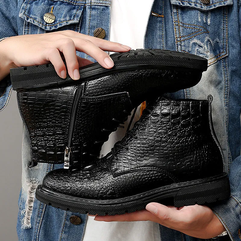 Luxury CrocLeather Lace-up Plush Fur Work Boots