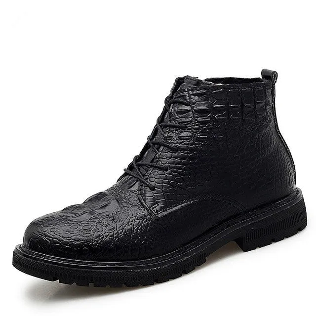 Luxury CrocLeather Lace-up Plush Fur Work Boots