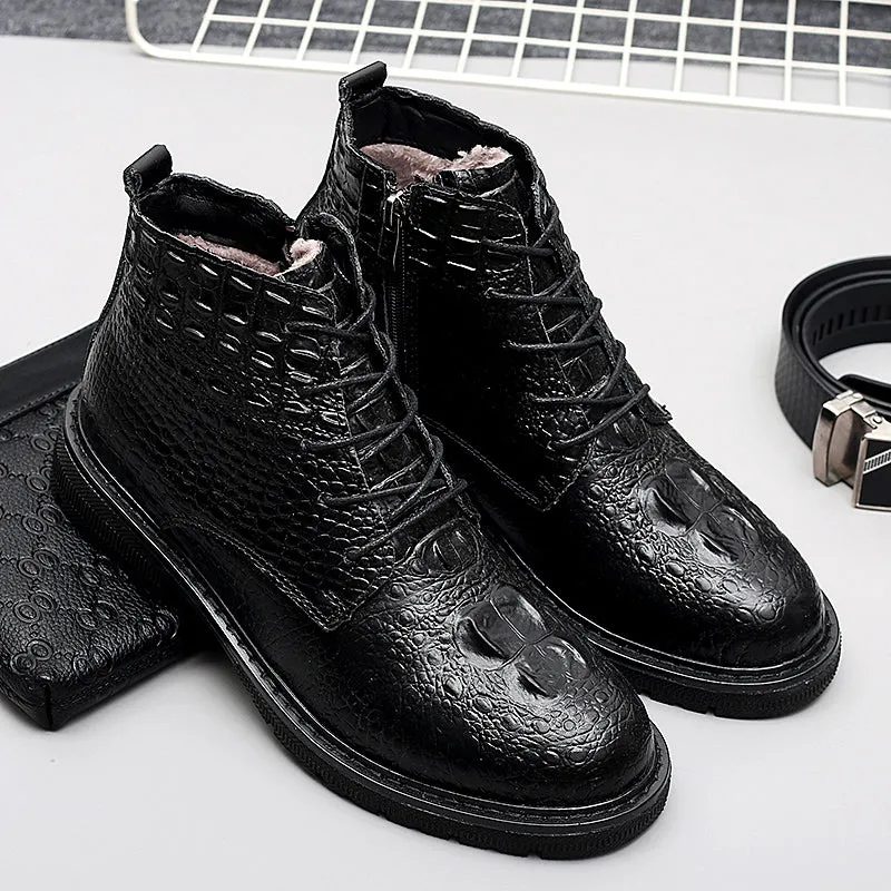 Luxury CrocLeather Lace-up Plush Fur Work Boots