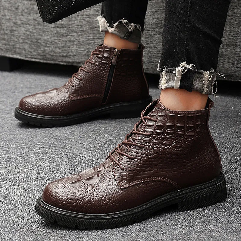 Luxury CrocLeather Lace-up Plush Fur Work Boots