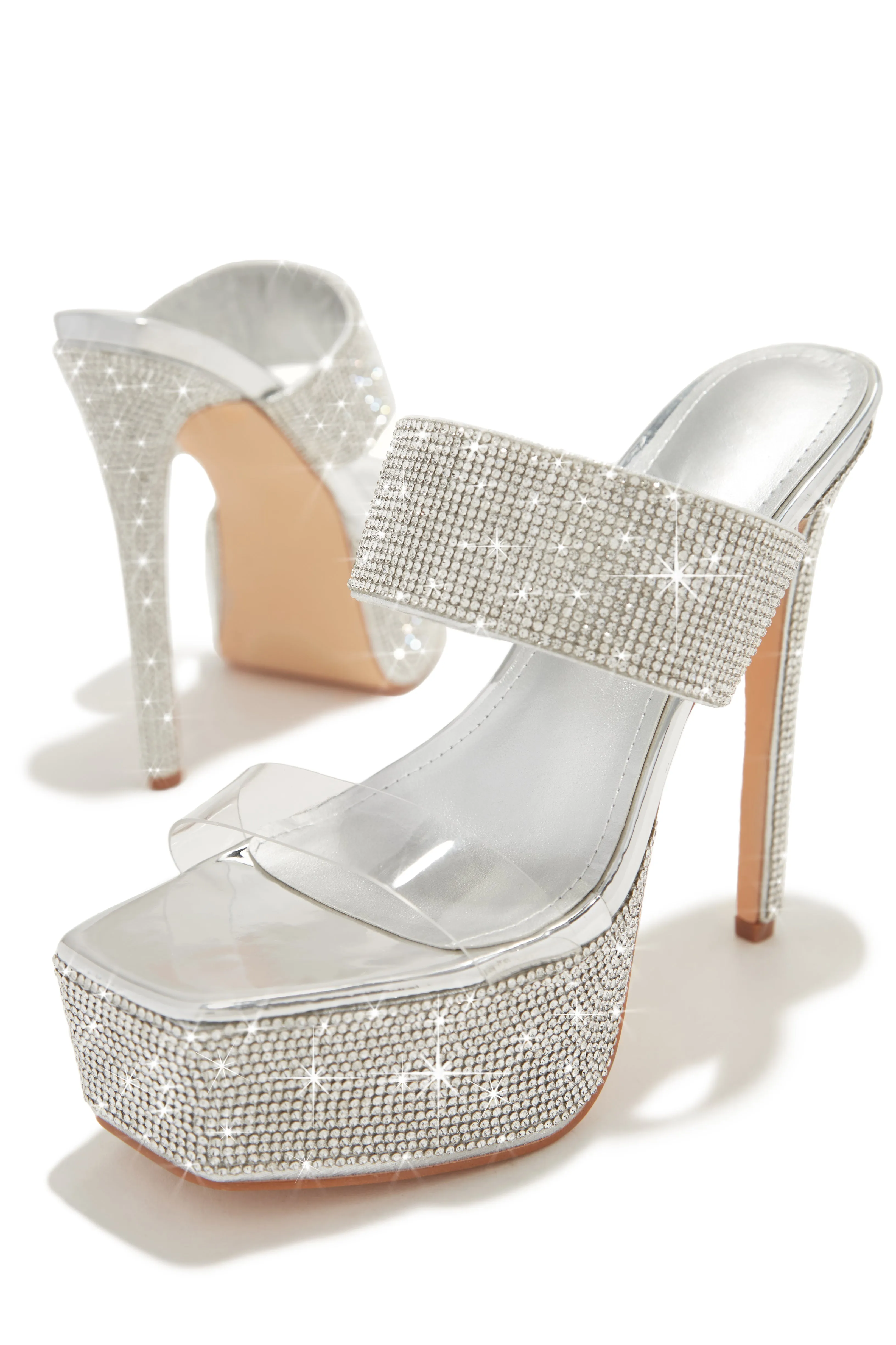 Main Event Embellished Platform High Heel Mules - Silver