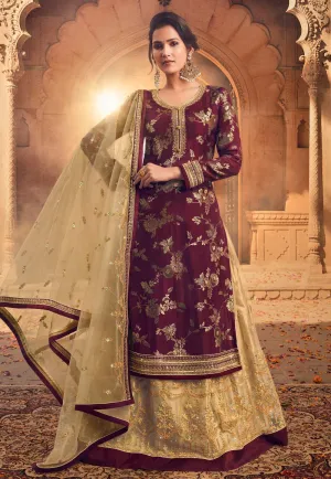 Maroon And Golden Embroidered Lehenga style suit