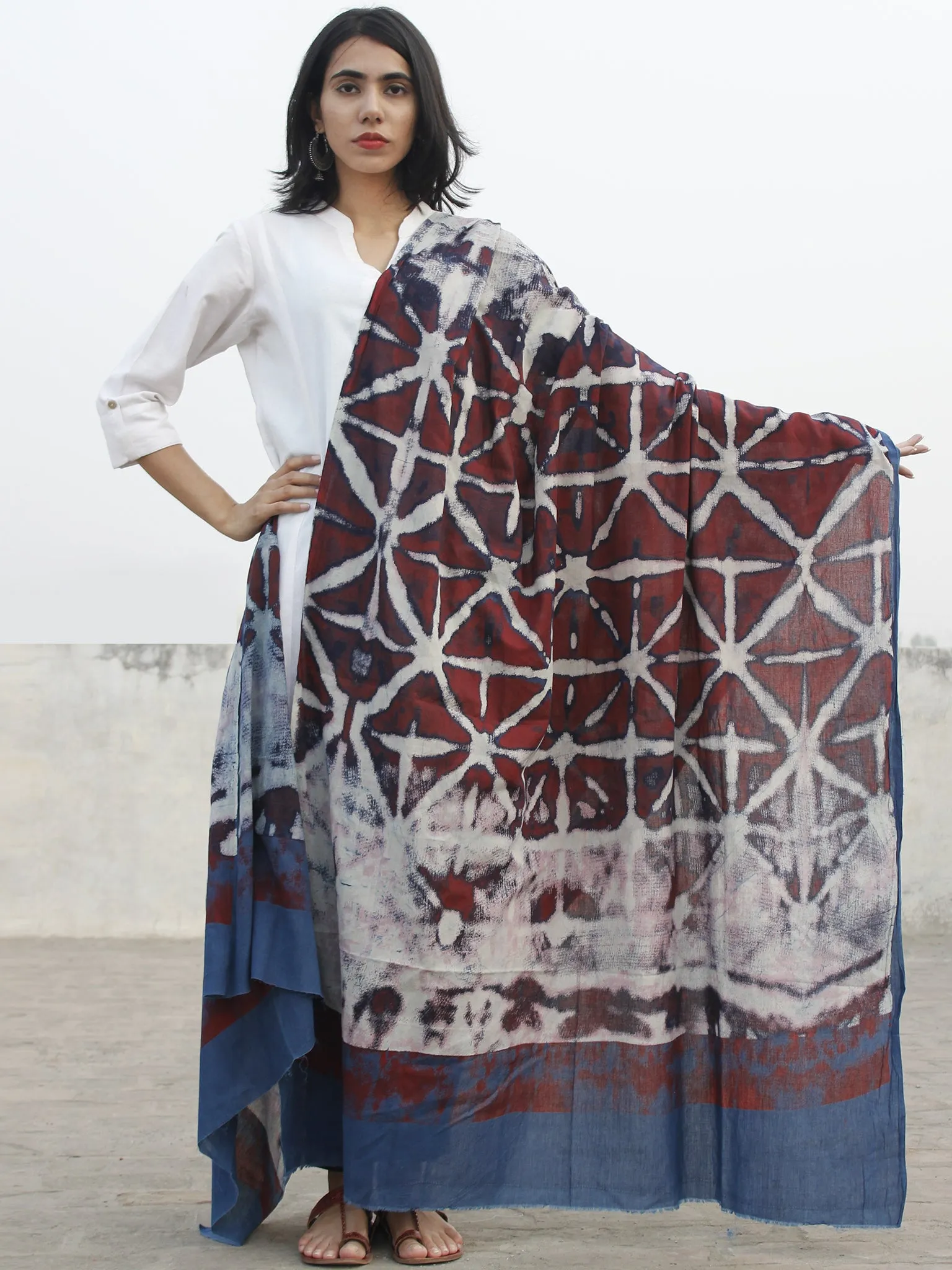 Maroon Indigo Ivory Mughal Nakashi Ajrakh Hand Block Printed Cotton Dupatta - D04170183