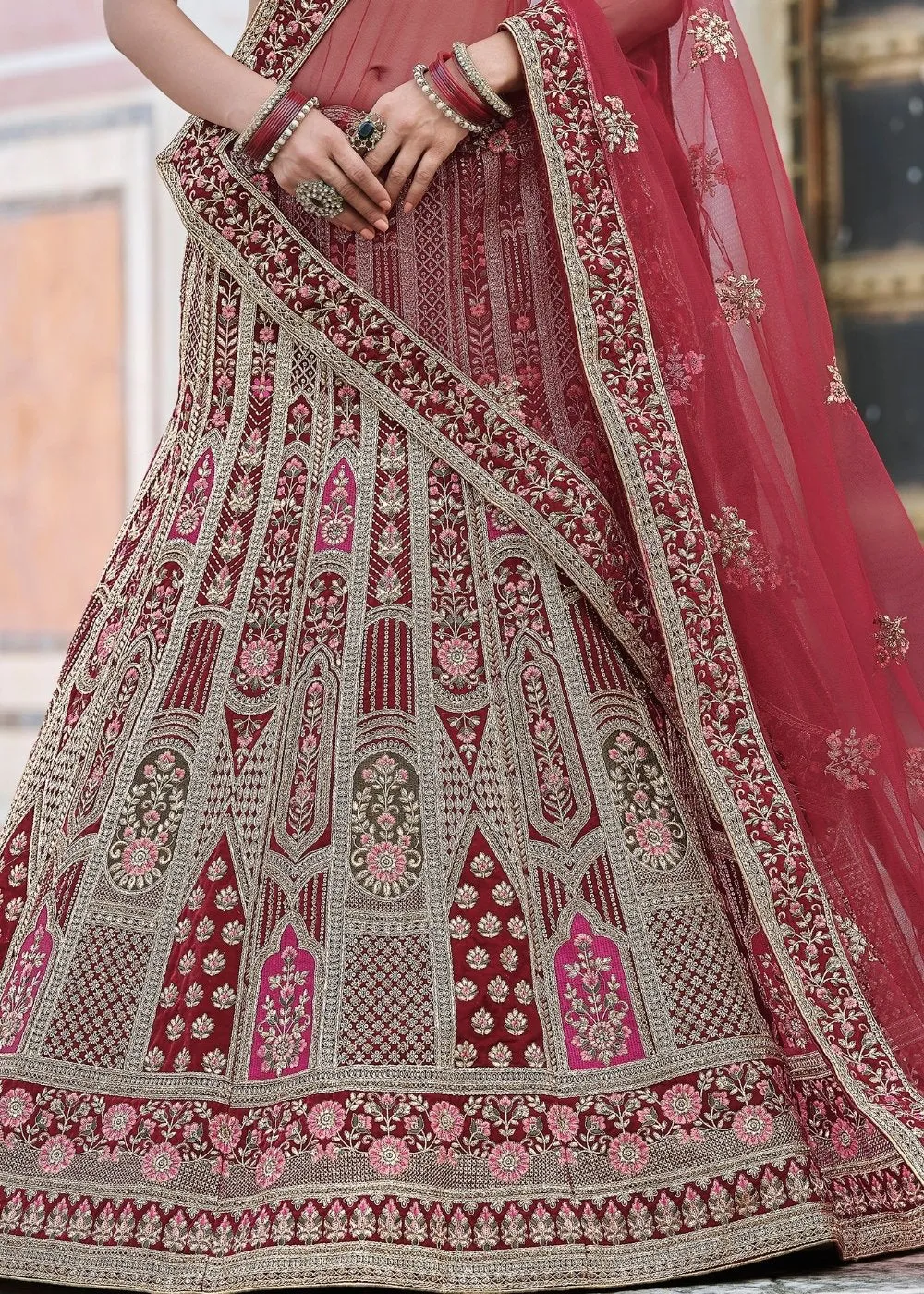 Maroon, Red Velvet Lehenga Choli Having Heavy Embroidery & Hand work: Bridal Edition