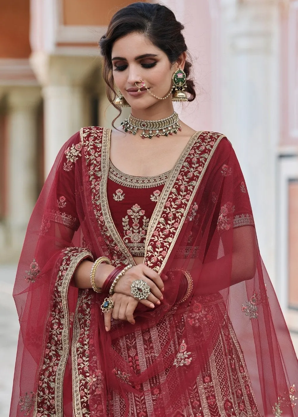 Maroon, Red Velvet Lehenga Choli Having Heavy Embroidery & Hand work: Bridal Edition