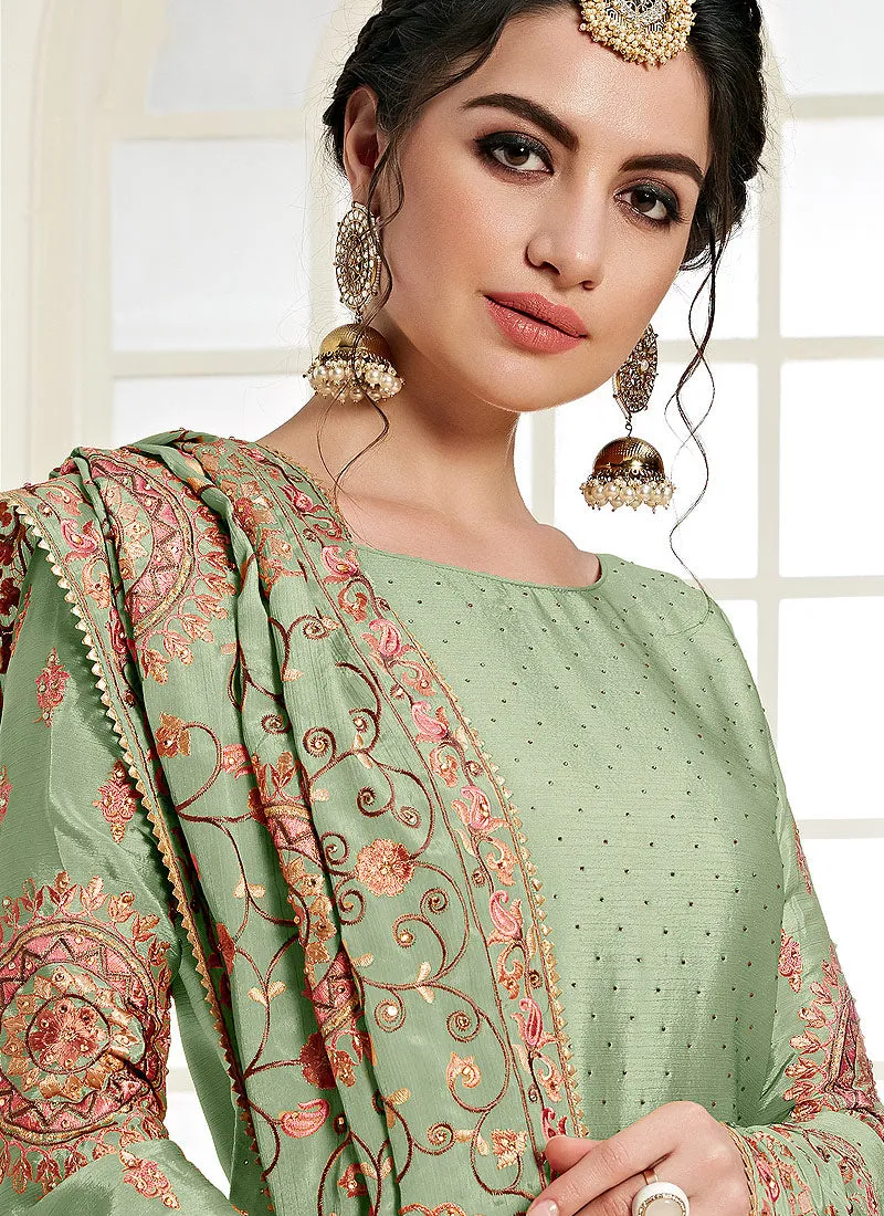 Mint Green Traditional Embroidered Palazzo Suit