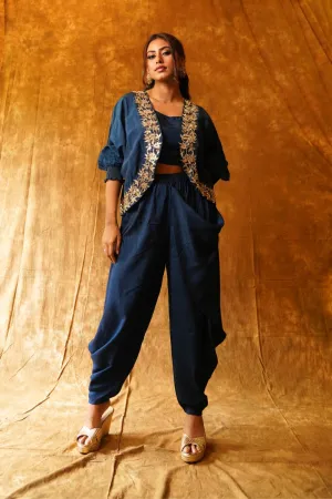 Navy Blue Boho Jacket & Draped Dhoti