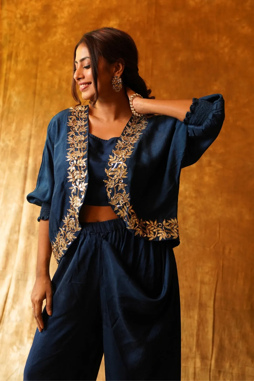 Navy Blue Boho Jacket & Draped Dhoti