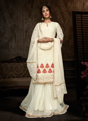 Off White Embroidered Indo Western Style Sharara Suit