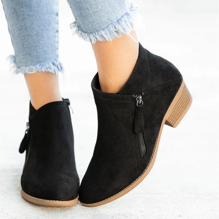 Owlkay Chunky Heel Women's Suede Low-heel Short Martin Boots