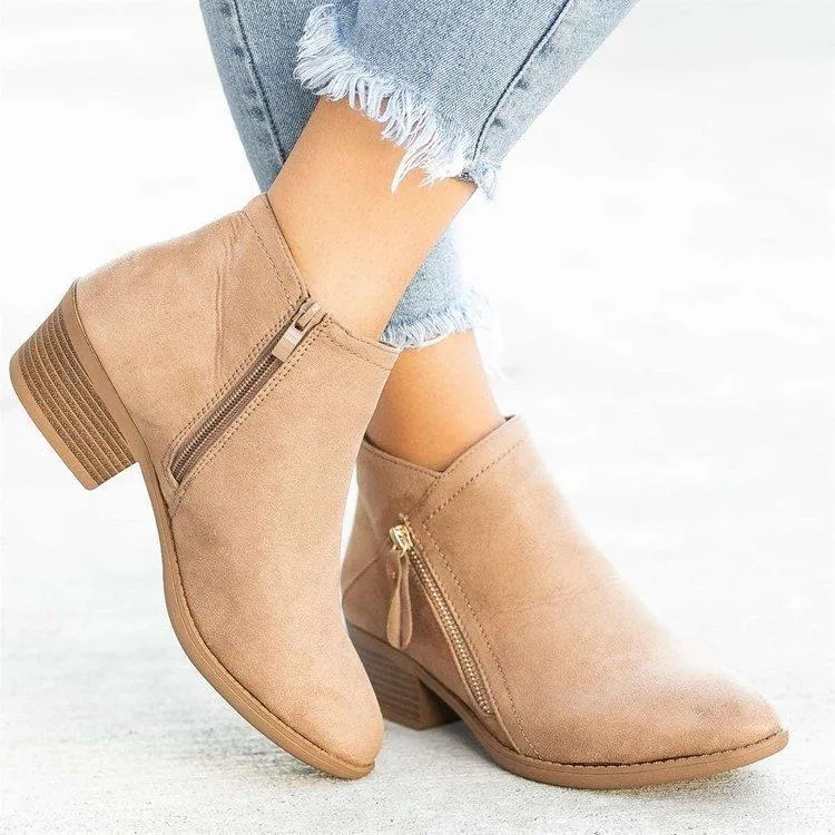 Owlkay Chunky Heel Women's Suede Low-heel Short Martin Boots