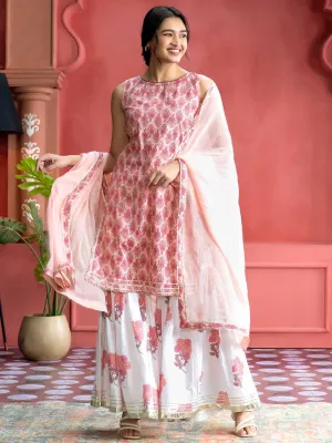 Peach Ethnic Floral Printed Straight Kurta With White Printed Sharara And Dupatta