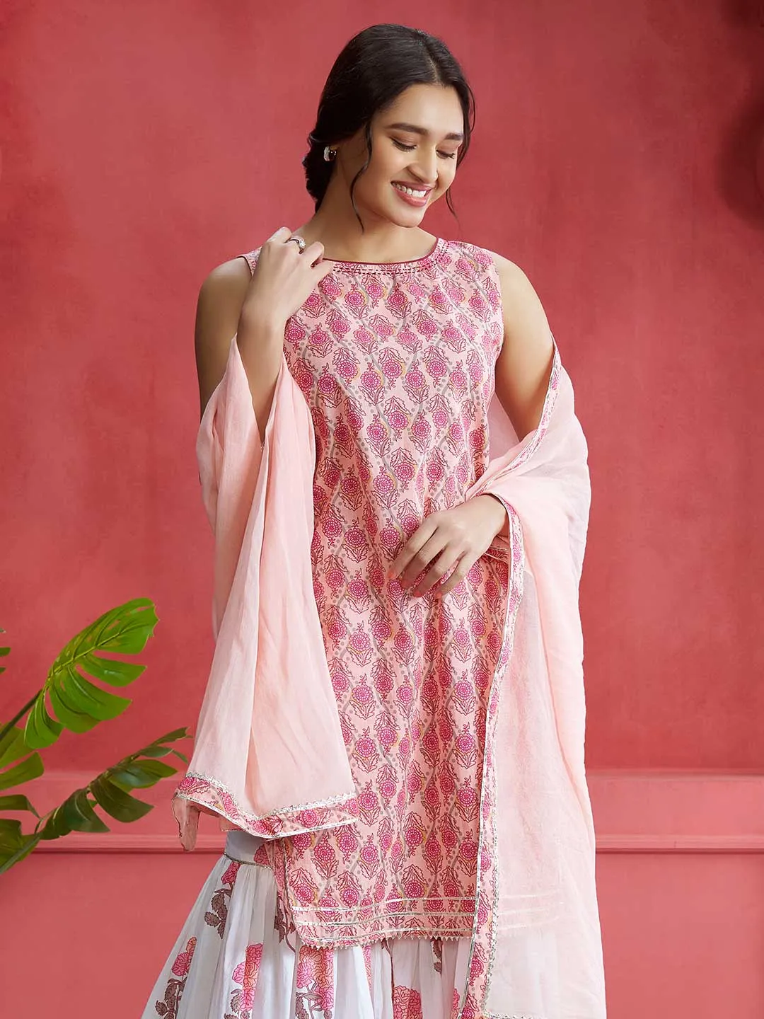 Peach Ethnic Floral Printed Straight Kurta With White Printed Sharara And Dupatta