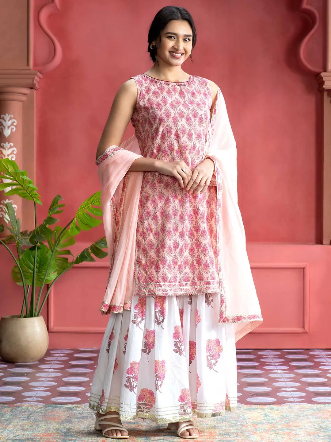 Peach Ethnic Floral Printed Straight Kurta With White Printed Sharara And Dupatta