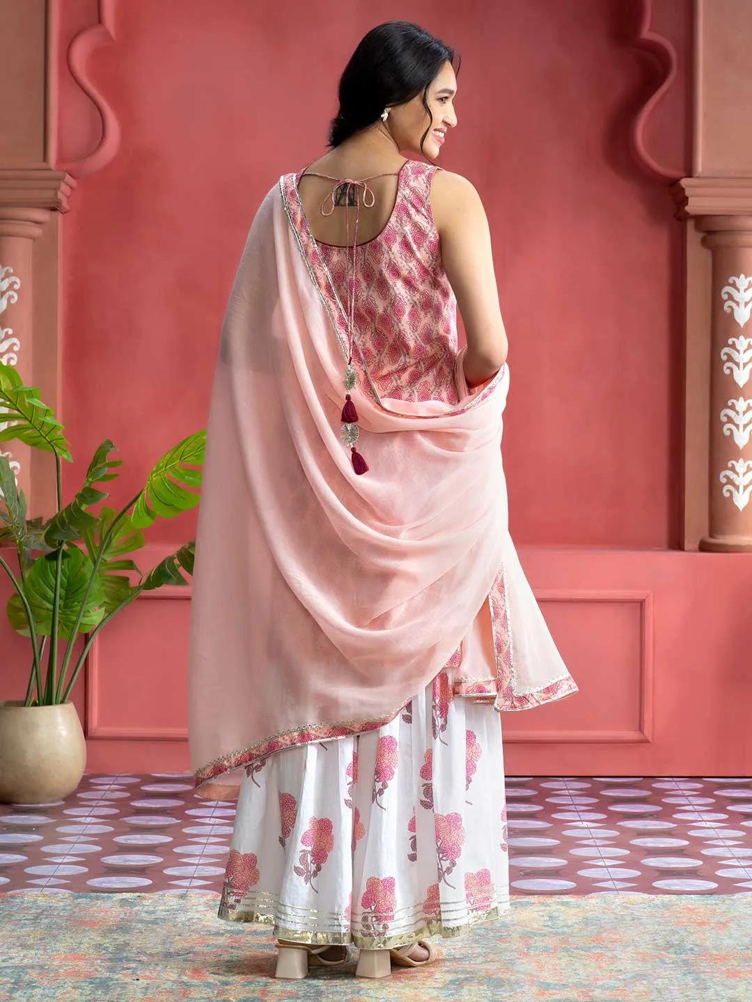 Peach Ethnic Floral Printed Straight Kurta With White Printed Sharara And Dupatta