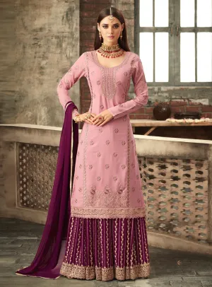 Pink And Purple Traditional Embroidered Palazzo Suit