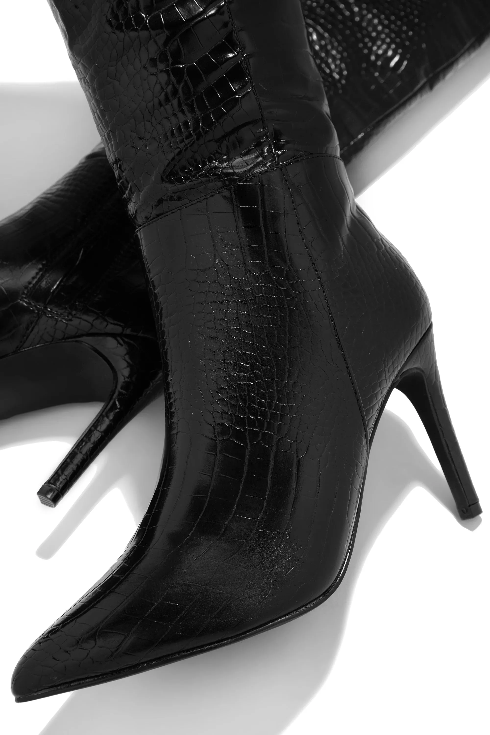 Portia Knee High Heel Boots - Croc Black