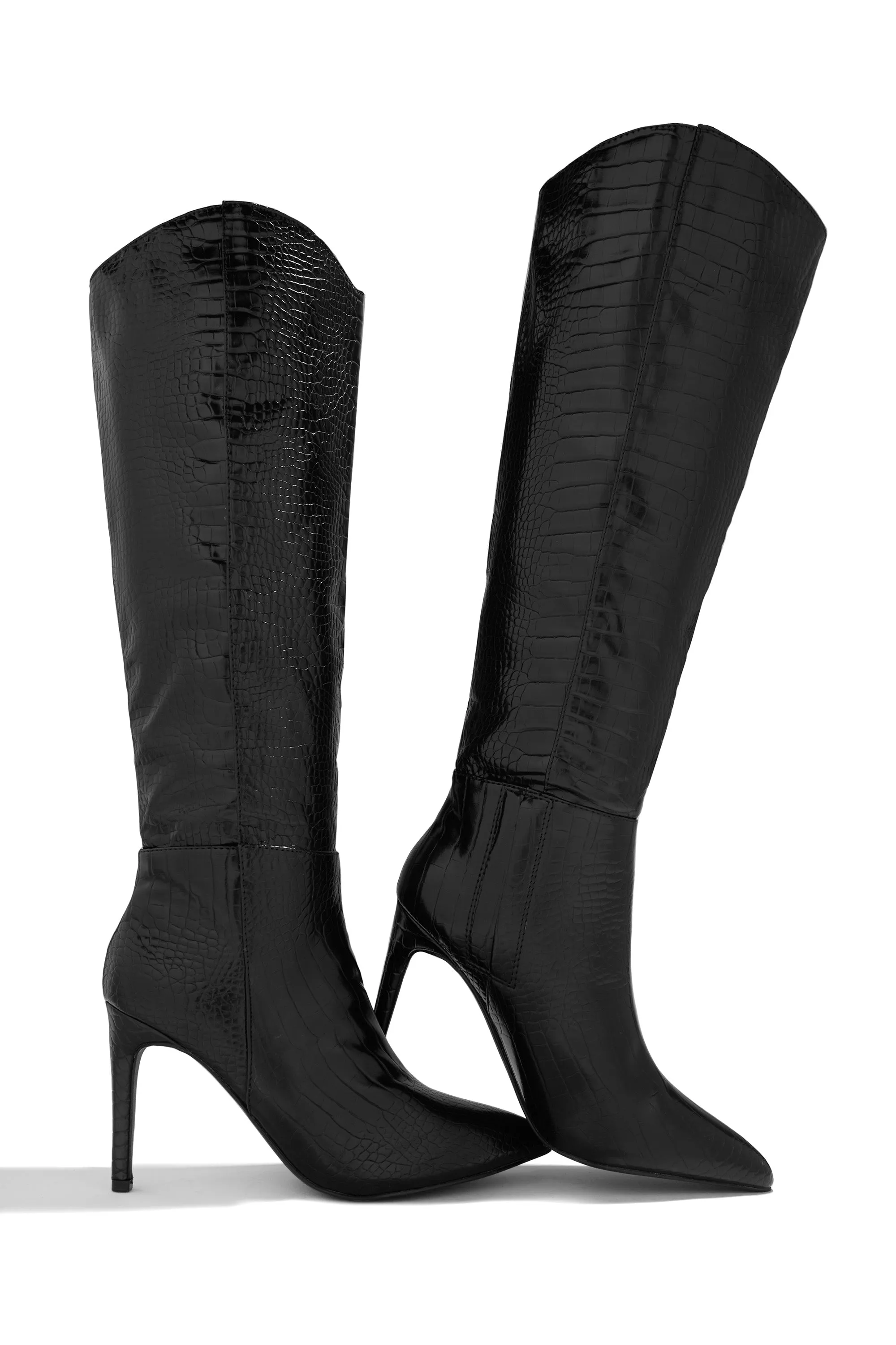 Portia Knee High Heel Boots - Croc Black