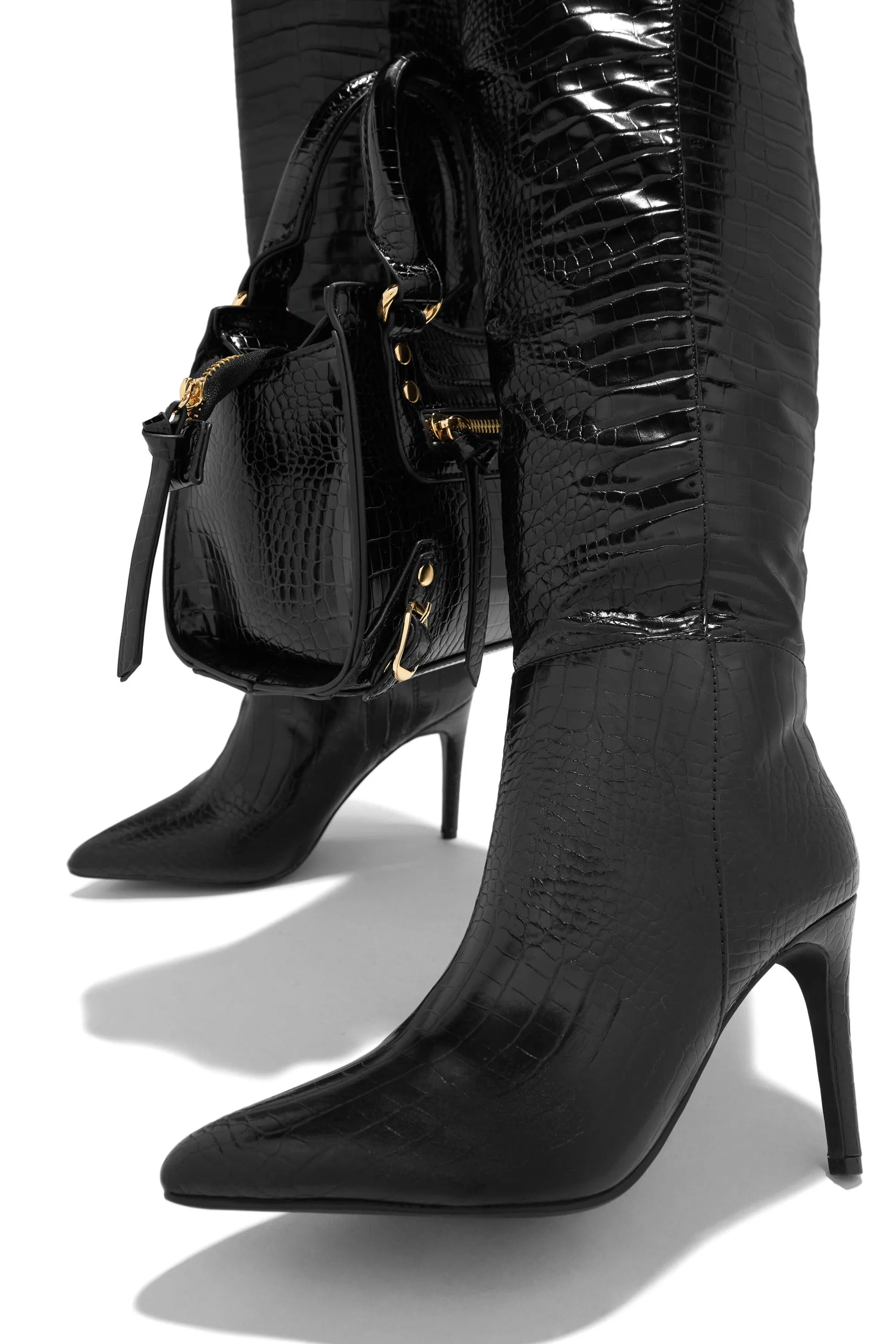 Portia Knee High Heel Boots - Croc Black